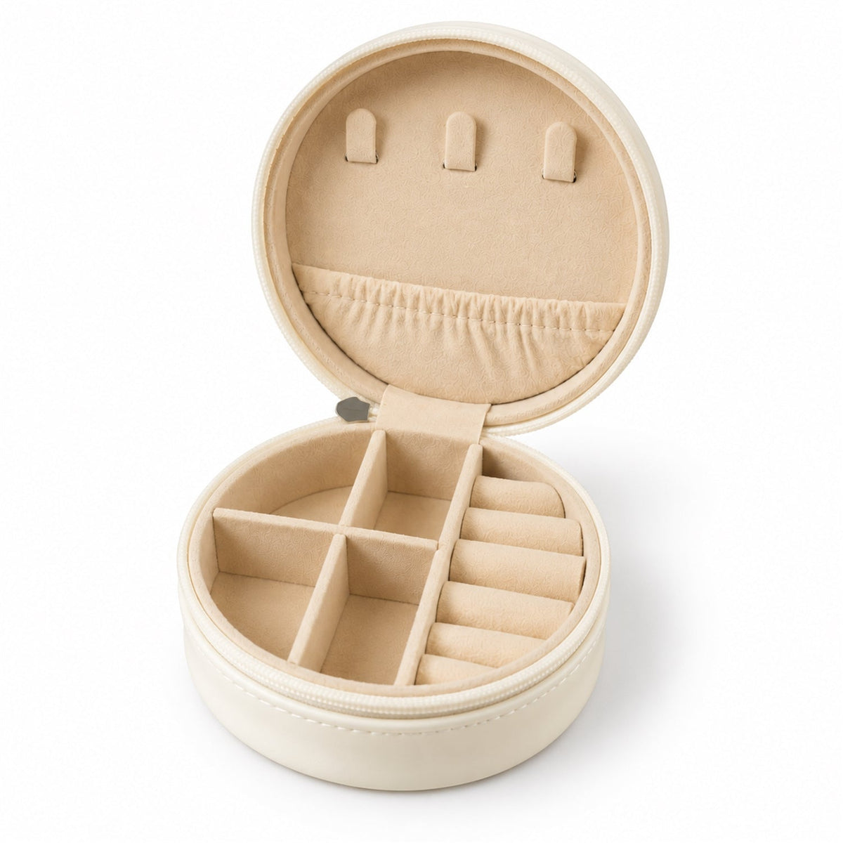 Round Jewellery Organizer Box With Ring Rolls And Zip Closure For Travel (1 Pc)