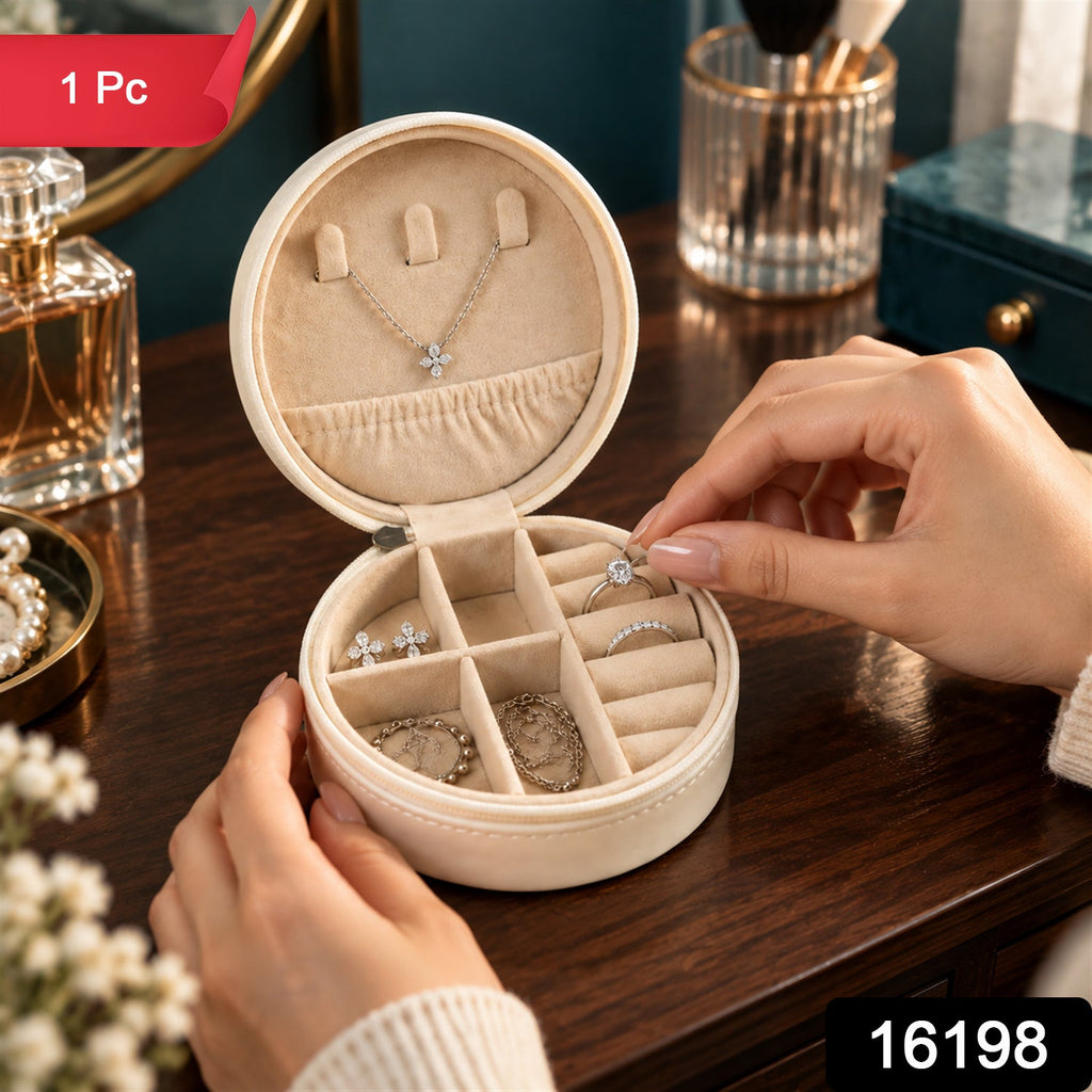Round Jewellery Organizer Box With Ring Rolls And Zip Closure For Travel (1 Pc)