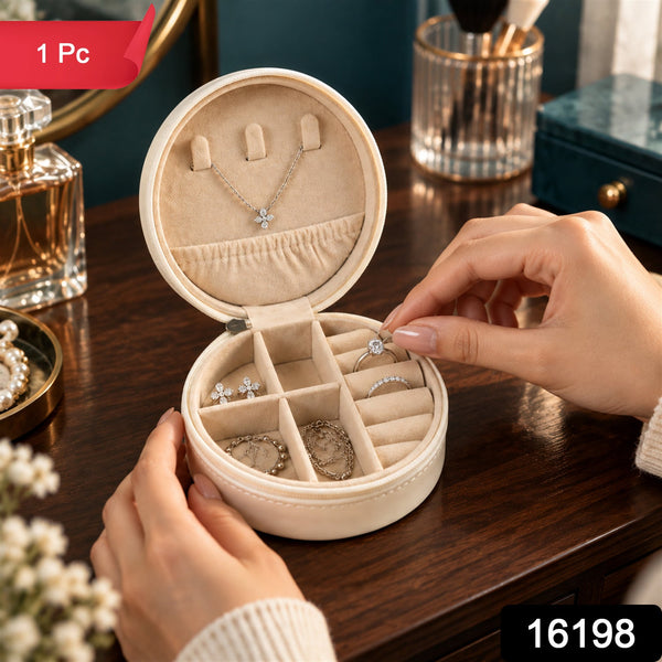 Round Jewellery Organizer Box With Ring Rolls And Zip Closure For Travel (1 Pc)