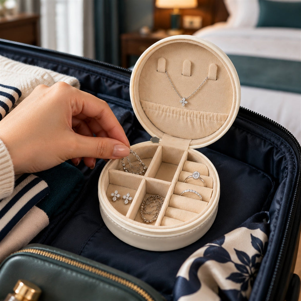 Round Jewellery Organizer Box With Ring Rolls And Zip Closure For Travel (1 Pc)